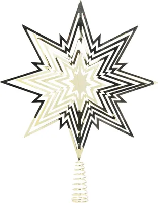 A gold-colored star-shaped tree topper with layered, jagged edges and a coiled spring base, isolated on a white background.
