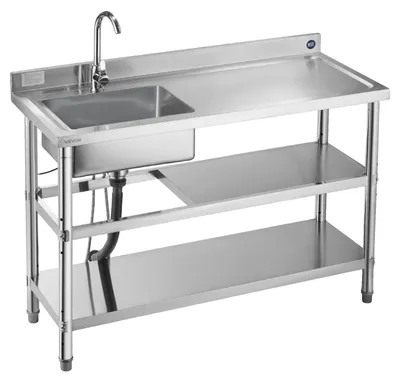 Obrázek produktu pro Kuchyňský dřez VEVOR z nerezové oceli (120 x 50 x 94 cm), s jednou mísou, baterií a 2 přihrádkami, kuchyňský dřez pro garážové restaurace, venkovní dřez s pracovní deskou (vpravo)
