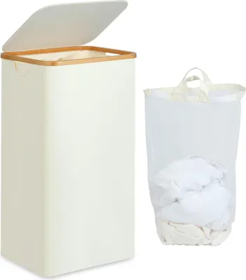 Produktbild von Wäschekorb mit Deckel, abnehmbare Tasche, Bambusgriffe, für Bad, Schlafzimmer, 50 L