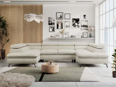 Produktbild von Wohnzimmersofa U-form, Eckcouch, Schlaffunktion und Bettkasten - PETER U - Velvet - Beige
