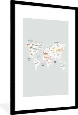 Produktbild von MuchoWow® Gerahmtes Poster Weltkarte - Kind - Dino 60x90 cm - Poster mit Schwarzem Bilderrahmen Wandposter Rahmen Foto Bilder - Dekoration - Wandposter Wohnzimmer - Hochwertig