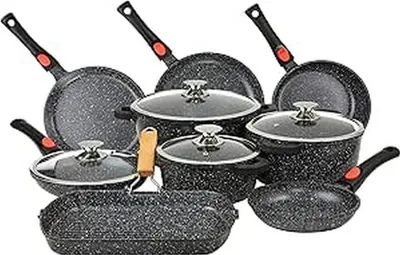 Kochgeschirr-Set 24-tlg., Alu, Steinbesch., Induktion, abnehmbare Griffe