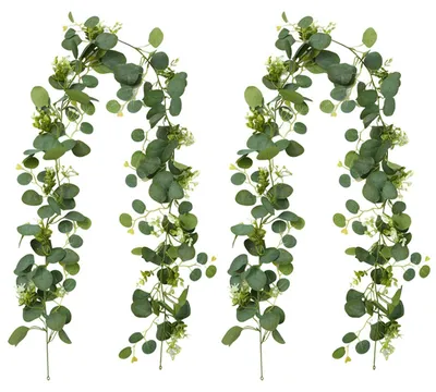 Produktbild von Künstliche Eukalyptus-Girlande mit weißen Blumen - 2 Stück je 1,8m - Hängende Pflanzendekoration für Hochzeit und Tischdekoration