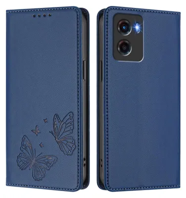 Image de Étui en cuir pour Motorola Moto G05, motif papillon, étui à rabat avec porte-monnaie et support, bleu foncé