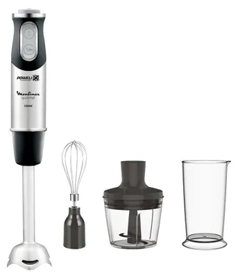 A set of kitchen appliances including a hand blender, a whisk attachment, a chopper attachment, and a measuring cup, all displayed against a white background.