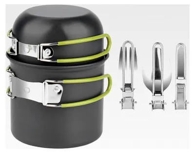 Produktbild von Camping Geschirr Set aus Aluminium, Outdoor Kochgeschirr, Faltbares Besteck, Picknick Topf, Mini Camping Kochset für Picknick und Wandern