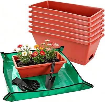 Productafbeelding van Plantenbak Set - Kruidenbakken - Planten Kweken - Met Drainage - 7 Delig - Grijs