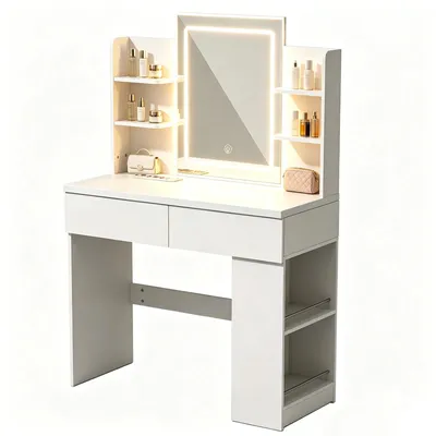 Produktbild von Schminktisch Mit Spiegel Mit Schubladen Mit verstellbarer LED-Beleuchtung Frisiertisch Kosmetiktisch 90 x 40 x 135 cm, Weiß