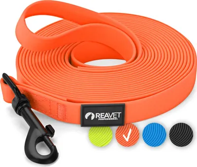 Produktbild von REAVET Schleppleine für Hunde 5 Meter, Neon Orange I Robuste & wasserfeste Hundeleine lang I Übungsleine mit Gepolsterten Griff, Trainingsleine Laufleine für große & kleine Hunde