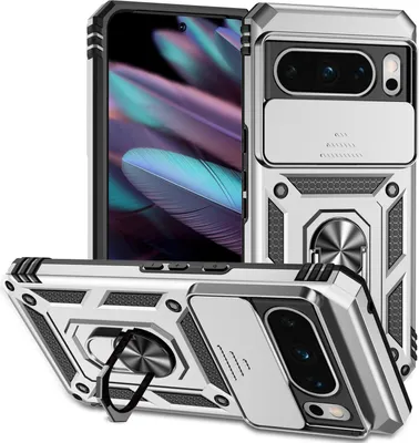 Image de Étui pour Google Pixel 8 Pro étui double couche avec couvercle coulissant pour appareil photo et support annulaire Argent