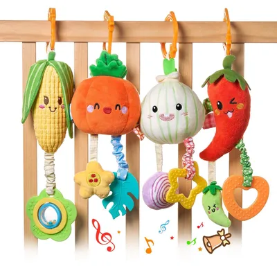 Produktbild von Greifling Rassel Spielzeug Kinderwagenspielzeug - Set mit 4 Stück - Gemüsefiguren - 0 bis 12 Monate - Zum Aufhängen