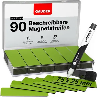 Zdjęcie produktu dla Etykiety magnetyczne GAUDER do pisania – tabliczki magnetyczne wielokrotnego użytku do tablic suchościeralnych, tablic szkolnych, tablic kanban i lodówek – kartki magnetyczne z markerem (90 sztuk – 75 x 25 mm)