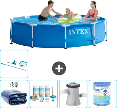 Obrázok produktu pre Bazén Intex s okrúhlym rámom - 305 x 76 cm - modrý - obsahuje markízu - balík na údržbu - filtračné čerpadlo pre bazén - filter - čistiaca súprava