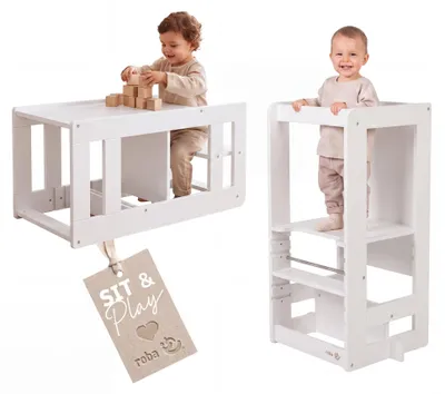 Produktbild von roba Lernturm Step & Play 2in1 - Montessori Küchenhelfer & Sitzgarnitur für Kinder - 3-fach höhenverstellbar - Belastbar bis 30 kg - Weiß, KI-generiertes Bild