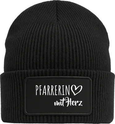 Produktbild von Huuraa Beanie Pfarrerin mit Herz Black doppellagige Polyacryl Mütze mit Patch Geschenkidee