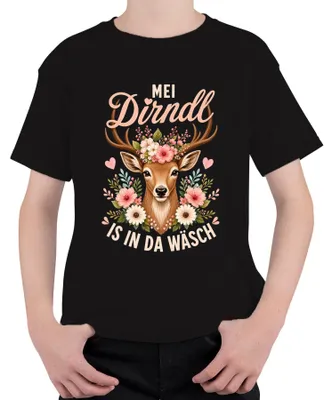 Produktbild von Mei Dirndl is in da Wäsch Reh Kitz Blumen Tracht Lederhose Alpen Kinder T-Shirt, Schwarz, 152