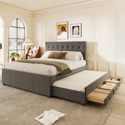 Produktbild von Flieks Polsterbett 140x200cm Doppelbett mit ausziehbarem Unterbett, Massivholzbett mit Lattenrost und 3 Schubladen, Stauraumbett Gästebett Tagesbett
