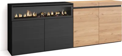 Produktbild von Sideboard, Highboard, 200x35x75cm, 4 Türen, Elektrokamin. farbe Eiche und Schwarz