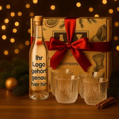 Produktbild von Individuelles Firmen-Geschenkset – Personalisierter Gin 0,7L (40% Vol.) & 4 Kristall Tumbler in Premium Mixcompany Geschenkbox- [Enthält Sulfite]