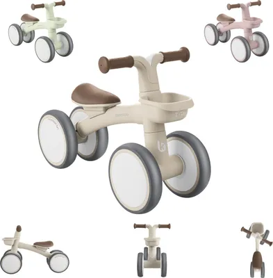 A collage of images showing a baby balance bike in different colors and from various angles.