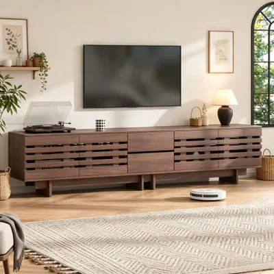 Produktbild von STILVORA TV-Schrank für bis 80 Zoll, TV Lowboard mit 4 Flügeltüren und 2 Schubladen, Fernsehtisch mit 6 Staufächern Walnussholz