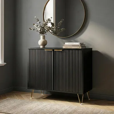 Productafbeelding van Bijzetkast 'Trondi', 75 x 80 x 40 cm, met 2 deuren met ribbels en 2 vakken, metalen poten, zwart
