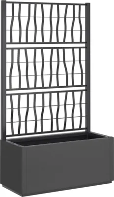 A dark gray planter box with a trellis attached.