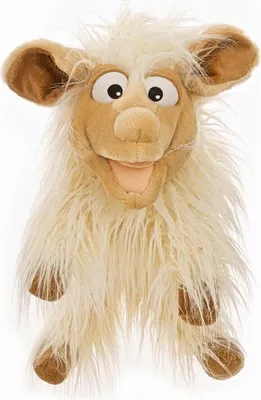 A puppet of a sheep against a white background.