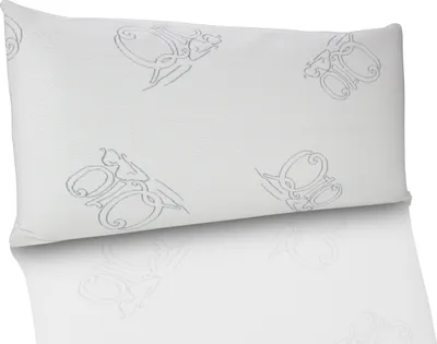 A white pillow with a subtle grey pattern, shown on a reflective white surface.