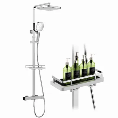 Produktbild von Duschsystem mit 38 °C Thermostat Edelstahl & Regal, Edelstahl Duscharmatur Set mit Handbrause & Kopfbrause, 3 Strahlarten, Höhenverstellbar, Chrom