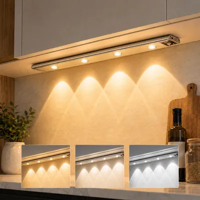 Image de Lampe LED encastrable de 60 cm avec détecteur de mouvement, rechargeable, à intensité variable, avec 3 couleurs de lumière. Lampe de cuisine, éclairage de placard, éclairage de meuble, couleur argent