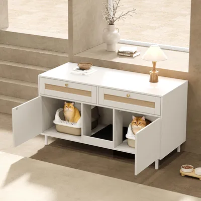 Produktbild von Flieks Kommode Sideboard Haustier, Beistellschrank Aufbewahrungsschrank mit Sandfangmatte, Haustierschrank mit Rattanschublade, Weiß