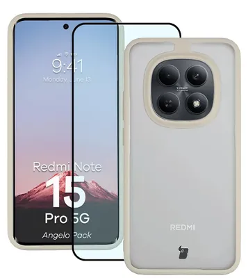 Produktbild von Schutzhülle + gehärtetem Glas für Xiaomi Redmi Note 15 Pro 5G, Bizon Angelo Pack, Semitransparent mit beigem Rahmen