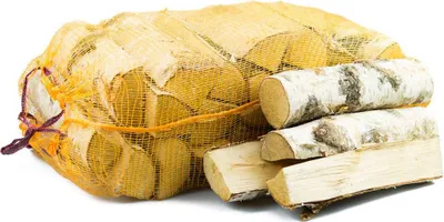 A net bag filled with firewood, with a few pieces of birch firewood stacked in front.