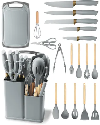 Küchenmesser-Set, 19-teilig, 5 Messer + 12 Silikonhelfer, grau