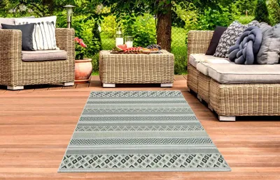 Produktbild von Sisal Teppich indoor & outdoor Terrasse Balkon Küche Wohnzimmer gestreiftes Zickzack Diamanten Design sand grün Größe - 140x200 cm