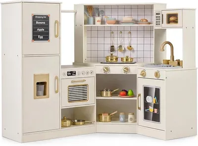 Imagen del producto de Cocina de juguete para niños con luces y sonidos, cocina de esquina de madera que incluye estufa, grifo, microondas, horno, máquina de helados y lavavajillas. Juguete de cocina con 11 accesorios, ideal para niños a partir de 3 años