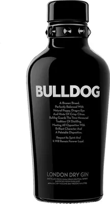 A black bottle of Bulldog London Dry Gin.