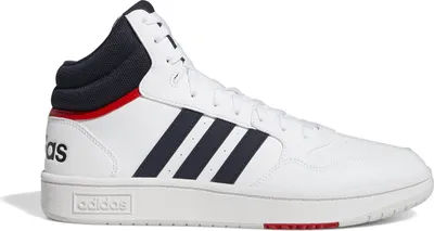 A white Adidas high-top sneaker with navy blue stripes and accents.