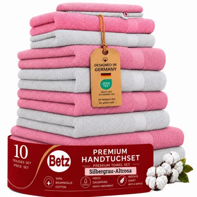 Produktbild von Betz 10-tlg. Handtuch-Set PREMIUM 2 Duschtücher 4 Handtücher 2 Gästetücher 2 Waschhandschuhe Farbe: silbergrau & altrosa