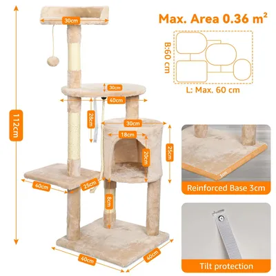 Produktbild von Kratzbaum für Katzen - Kletterbaum für Wohnungskatzen - Mehrstöckig - 5 Ebenen+ - Holz - Kratzsäulen, Höhle und gepolsterte Liegeflächen