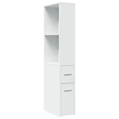 A tall, narrow white cabinet with shelves and drawers, shown against a white background.