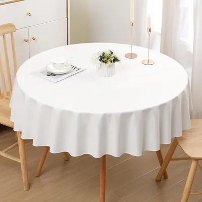 Immagine prodotto di Tovaglia effetto lino, lavabile, idrorepellente, rotonda, diametro 140 cm, bianca