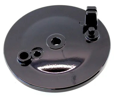 Produktbild von Bremsschild schwarz glänzend gepulvert für hinten mit Bohrung für Bremslichtkontakt, Bremszug außen, für Simson KR, KR51/2, S50, S51, S53, S70, S83, SR50, SR80