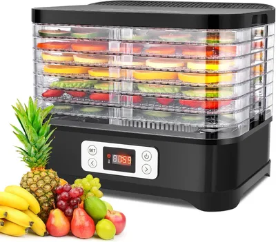 Zdjęcie produktu dla Suszarka do żywności z regulacją temperatury, elektryczna suszarka o mocy 400 W, wykonana ze stali nierdzewnej, z wyświetlaczem czasu, timerem i regulacją temperatury (35-70 stopni)