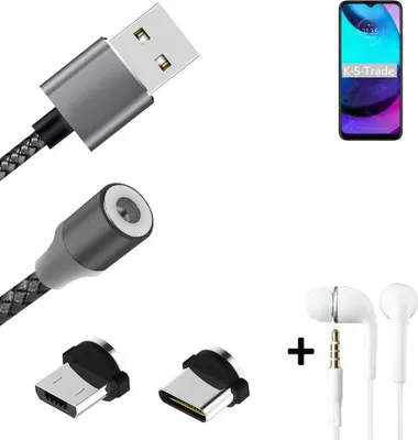Produktbild von K-S-Trade® Hochwertiges Magnet-Lade-kabel Sync-Kabel Daten-Kabel + Kopfhörer kompatibel mit Motorola Moto E20 mit USB-Typ-C-Anschluss und