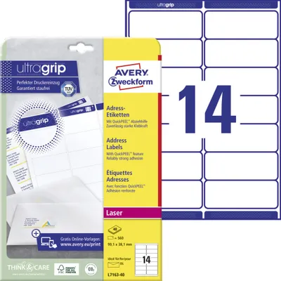 Produktbild von Avery Zweckform L7163-40 Adress-Etiketten, A4 mit ultragrip, 99,1 x 38,1 mm, 40 Bogen/560 Etiketten, weiß