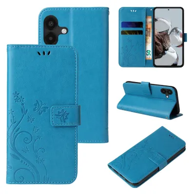 Produktbild von Handyhülle für Samsung Galaxy A04 Floral Blumen Schmetterling Flip Cover Hülle Case Klapphülle Handytasche Farbe: Blau