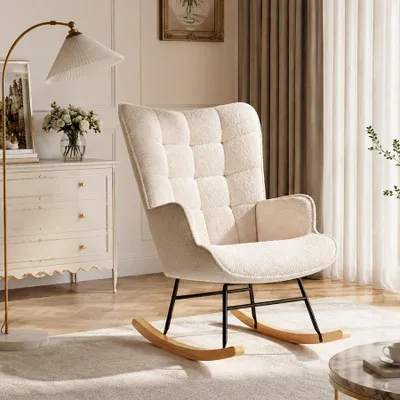 Produktbild von INONEFT Schaukelstuhl, Relaxsessel mit Armlehnen und quadratischer Rückenlehne, gepolsterter Sessel, Teddy-Fleece, beige, für Schlafzimmer