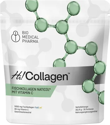 Produktbild von Marine Kollagen Pulver mit Vitamin C – Naticol 5000 mg Fischkollagen Hydrolysat – 2000 Dalton Peptide – Typ I und III – Rein, Labor